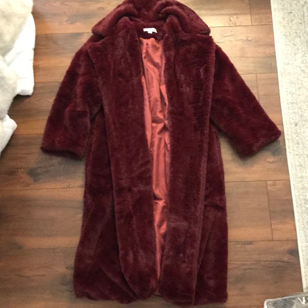 Red faux fur coat